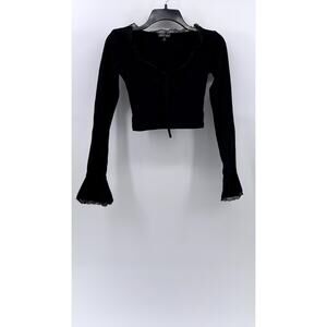 CURRENT MOOD Women's Black Lace-Trim Long Bell Sleeve Crop Top SZ S